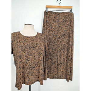 Briggs N.Y. Woman Brown Paisley Maxi Skirt & Pullover Top Outfit Size XL Stretch